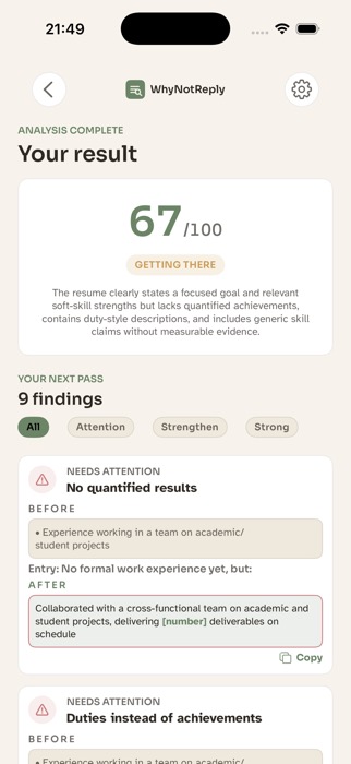 WhyNotReply Results screen showing a 67/100 match score, a Getting There band, and findings with before/after rewrite suggestions